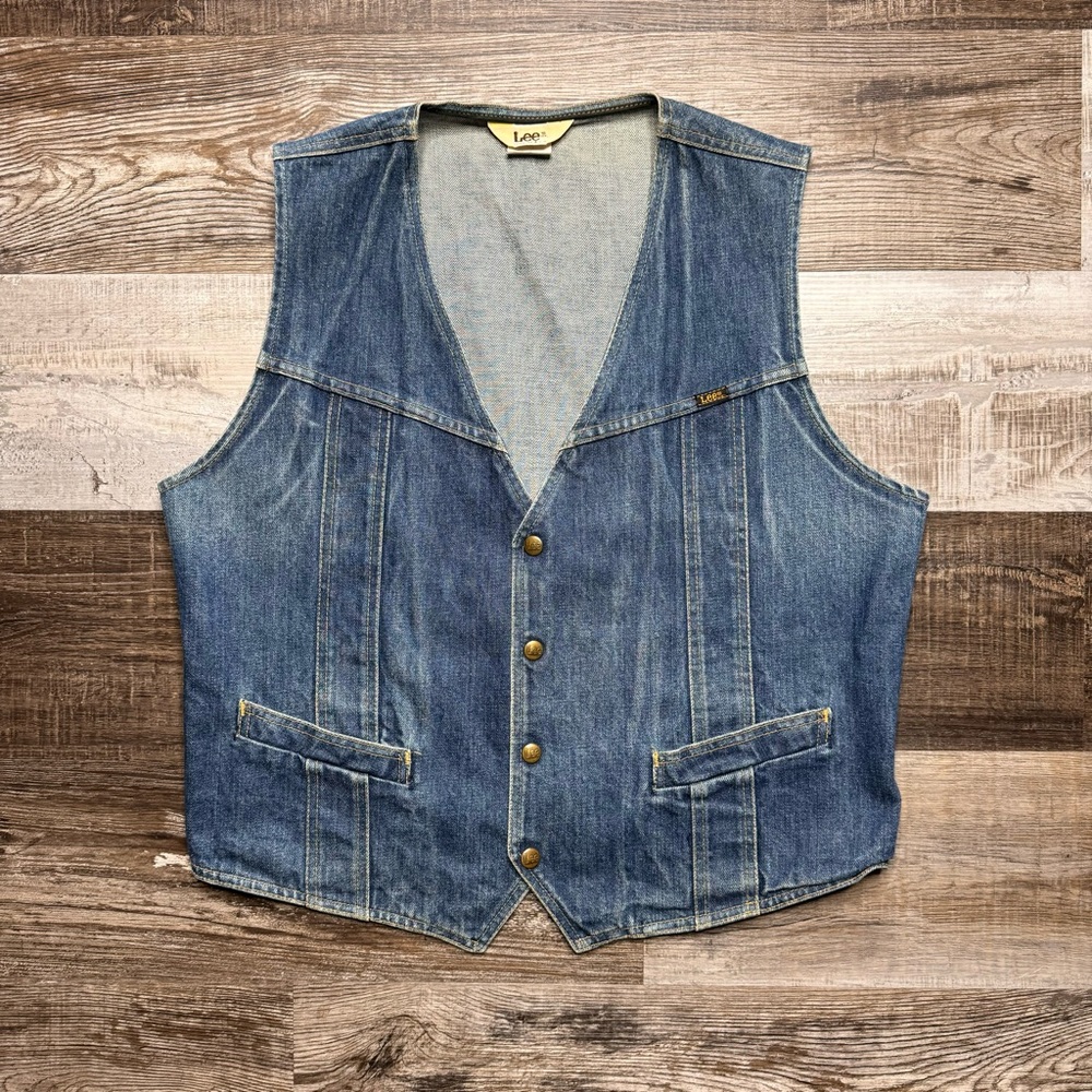 Vintage 70s LEE Blue Jean Denim Snap Button Front Western Vest Size XL